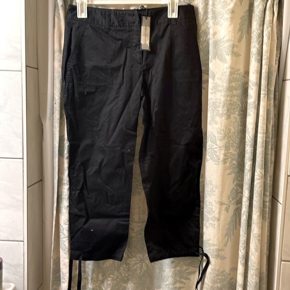 Talbots petite size 8P in black. Fit slightly below the waist with ties @ bottom